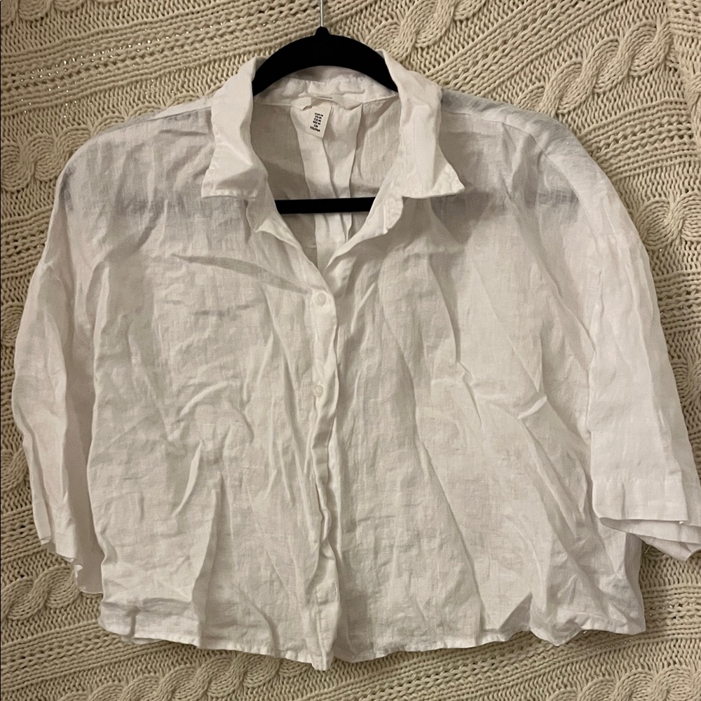 H&M White Cropped Linen Button-Up Blouse